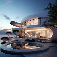 Modern minimalist round and curved shaped luxury house villa with terrace on sea shore at sunset photo