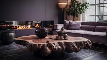 Modern living room with wooden stump coffee table near gray armchairs and sofa generative ai photo