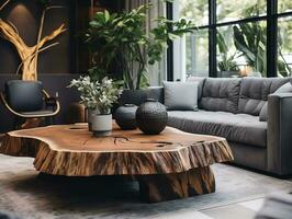 Modern living room with wooden stump coffee table near gray armchairs and sofa generative ai photo