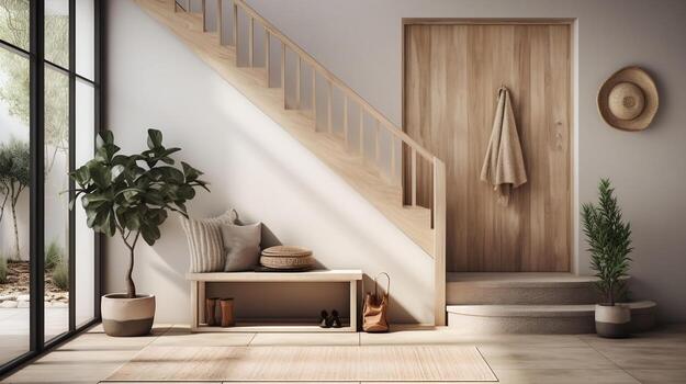 Interior design of modern entrance hall with grid door, staircase and rustic wooden accent pieces photo