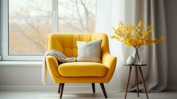 Yellow mid-century armchair against of window dressed with white curtain interior design of modern living room generative ai photo