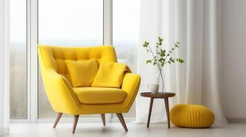 Yellow mid-century armchair against of window dressed with white curtain interior design of modern living room generative ai photo