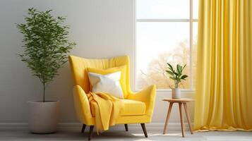 Yellow mid-century armchair against of window dressed with white curtain interior design of modern living room generative ai photo