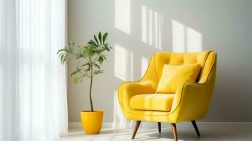 Yellow mid-century armchair against of window dressed with white curtain interior design of modern living room generative ai photo