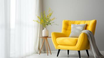 Yellow mid-century armchair against of window dressed with white curtain interior design of modern living room generative ai photo