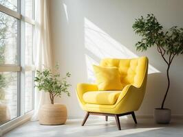 Yellow mid-century armchair against of window dressed with white curtain interior design of modern living room generative ai photo