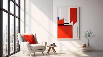 Red wingback chair and white sofa in bright room interior design of modern living room with abstract geometric shapes photo