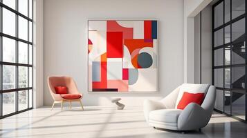Red wingback chair and white sofa in bright room interior design of modern living room with abstract geometric shapes photo