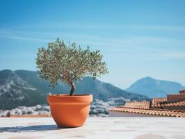 Olive tree in terra cotta clay pot on white terrace under clear blue sky with beautiful mountains view photo