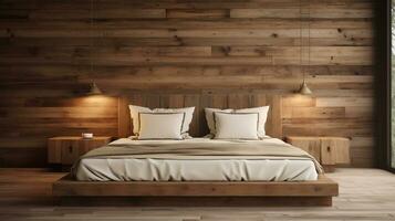 Interior design of modern bedroom with wooden bed against reclaimed barn wood paneling wall generative ai photo