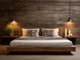 Interior design of modern bedroom with wooden bed against reclaimed barn wood paneling wall generative ai photo