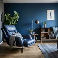 oscuro azul sofá y sillón reclinable silla interior diseño de moderno vivo habitación generativo ai foto