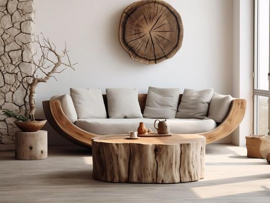 Round rustic loveseat sofa and stump side table near wall interior