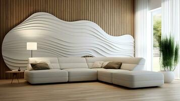 moderno vivo habitación con blanco esquina sofá y ondulado revestimiento de madera pared generativo ai foto