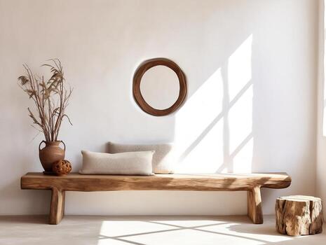 Modern living room with rustic wood slab on tree stumps and wooden bench near stucco photo