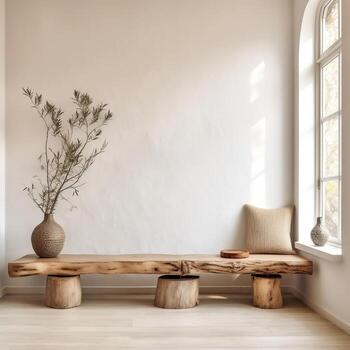 Modern living room with rustic wood slab on tree stumps and wooden bench near stucco photo