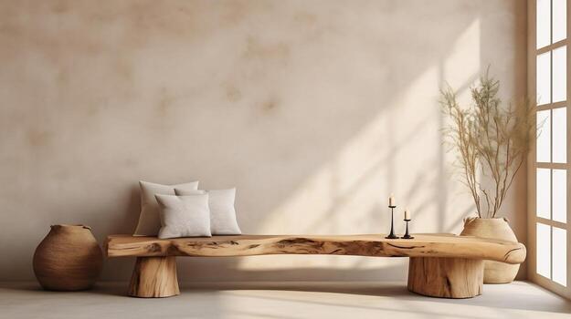 Modern living room with rustic wood slab on tree stumps and wooden bench near stucco photo