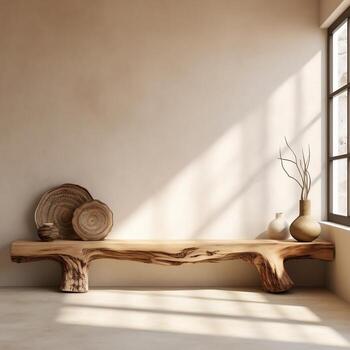 Modern living room with rustic wood slab on tree stumps and wooden bench near stucco photo