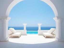 Two sunbeds on the white terrace with an arch under blue clear sky photo
