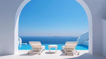 Two sunbeds on the white terrace with an arch under blue clear sky photo