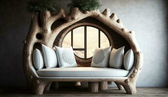 Luxury rustic handmade loveseat sofa in the room with abstract wooden tree decorative column generative ai photo