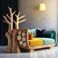 lujo rústico hecho a mano sofá de dos plazas sofá en el habitación con resumen de madera árbol decorativo columna generativo ai foto