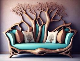 Luxury rustic handmade loveseat sofa in the room with abstract wooden tree decorative column generative ai photo