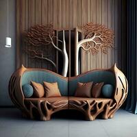 Luxury rustic handmade loveseat sofa in the room with abstract wooden tree decorative column generative ai photo