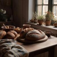 Bread on a table generative ai photo