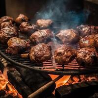 A la parrilla carne en el parrilla típico brasileño carne generativo ai foto