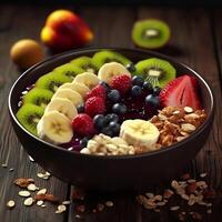 acai cuenco con frutas kiwi manzana plátano y cereal generativo ai foto