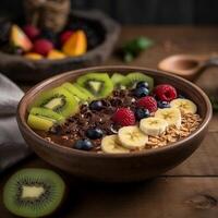 Acai bowl with fruits kiwi apple banana and cereal photo