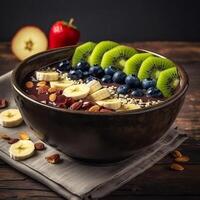 acai cuenco con frutas kiwi manzana plátano y cereal generativo ai foto