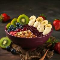 acai cuenco con frutas kiwi manzana plátano y cereal generativo ai foto