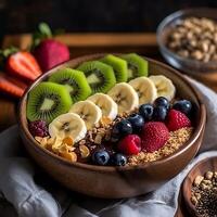 acai cuenco con frutas kiwi manzana plátano y cereal generativo ai foto