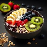 acai cuenco con frutas kiwi manzana plátano y cereal generativo ai foto