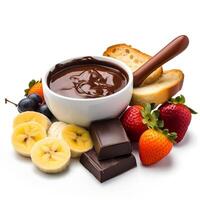 Chocolate fondue with fruits and toast generative ai photo