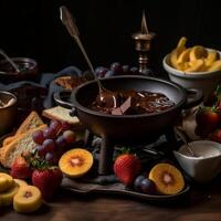 Chocolate fondue with fruits and toast generative ai photo