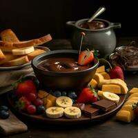 Chocolate fondue with fruits and toast generative ai photo
