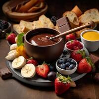 Chocolate fondue with fruits and toast generative ai photo