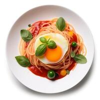 Delicious spaghetti dish with tomato sauce and egg generative ai photo