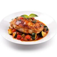 Pan fried chicken with vegetables Ratatouille generative ai photo