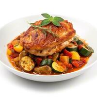 Pan fried chicken with vegetables Ratatouille generative ai photo