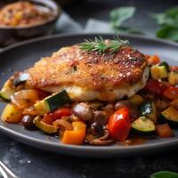 Pan fried chicken with vegetables Ratatouille photo