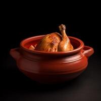 A bowl of food with a red clay pot with a piece of chicken generative ai photo