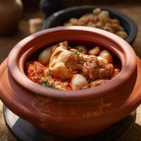 A bowl of food with a red clay pot with a piece of chicken photo