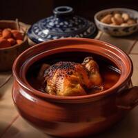 A bowl of food with a red clay pot with a piece of chicken photo