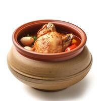 A bowl of food with a red clay pot with a piece of chicken generative ai photo