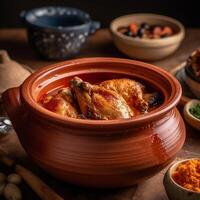 A bowl of food with a red clay pot with a piece of chicken photo