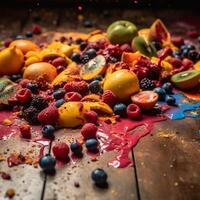 Fruta ensalada derramar en el piso estaba un lío de vibrante colores y texturas generativo ai foto